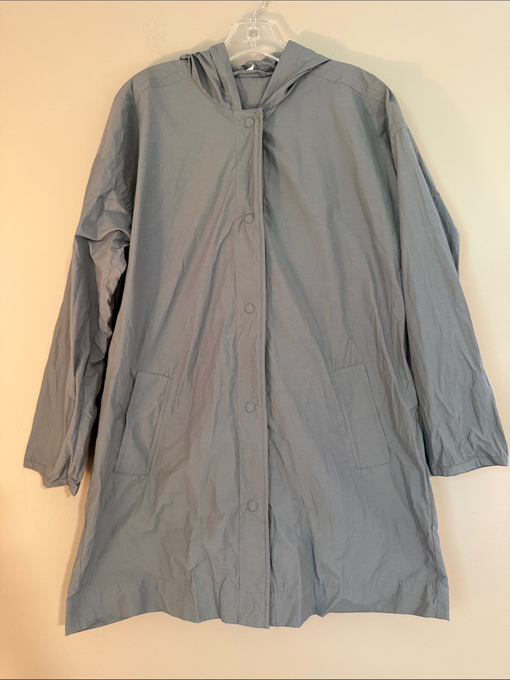 Eileen Fisher Slate Gray Hooded Rain Coat Medium Cotton Blend